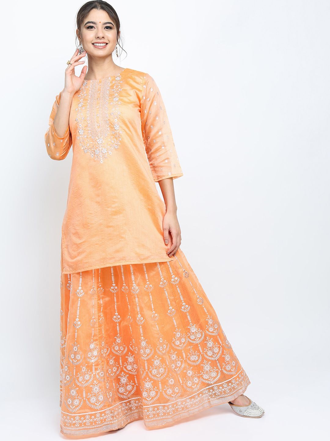 Vishudh Women Peach-Coloured & Silver-Toned Embroidered Thread Work Kurti Price in India