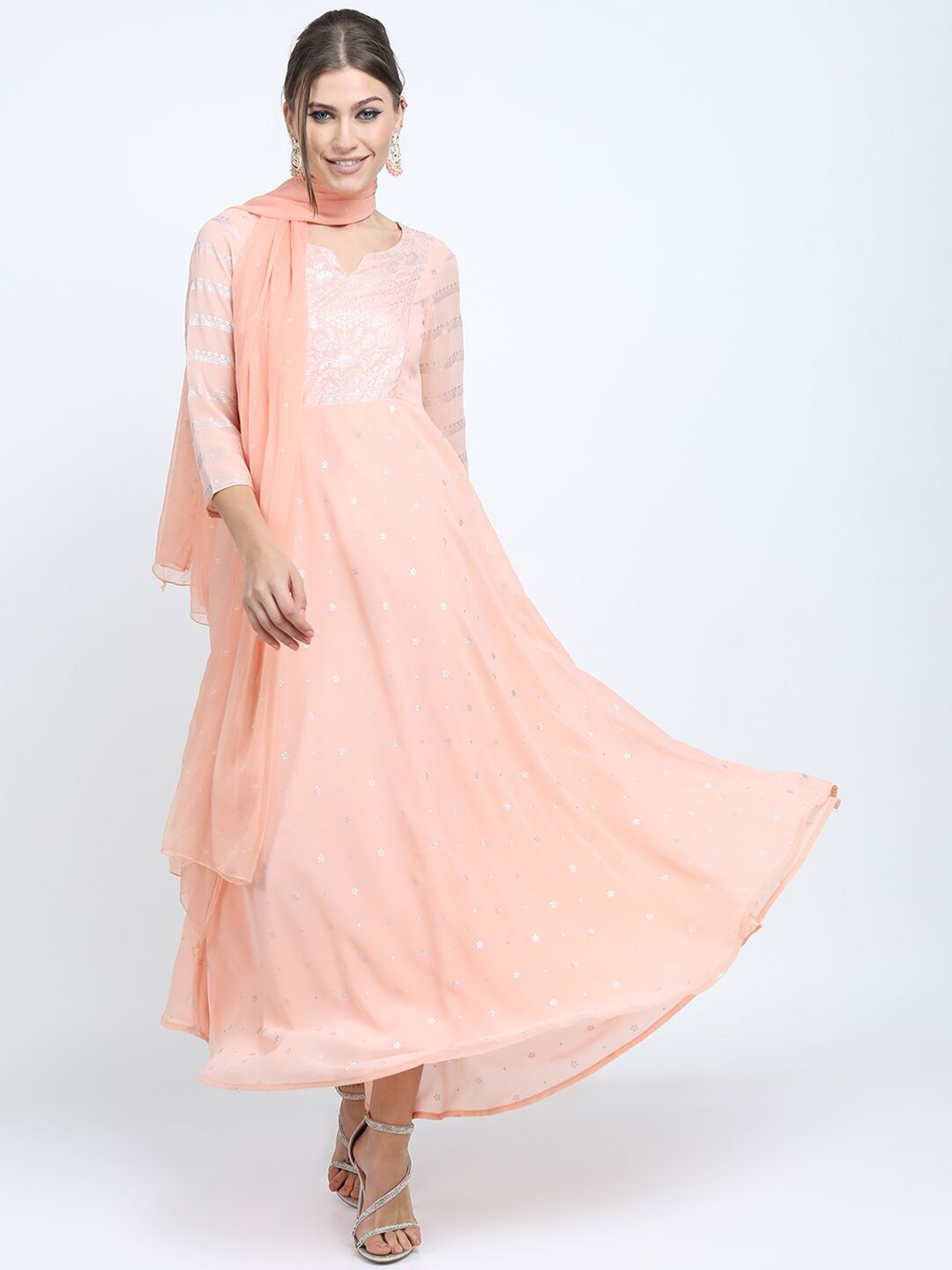 Vishudh Peach-Coloured Ethnic Motifs Ethnic Maxi Dress With Dupatta Price in India