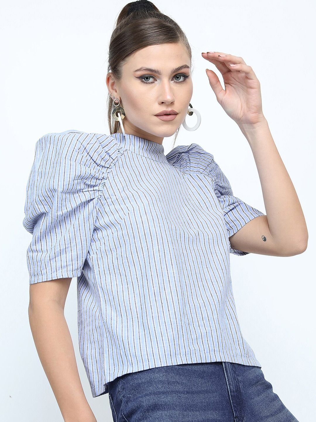 Tokyo Talkies Blue Striped Cotton Top