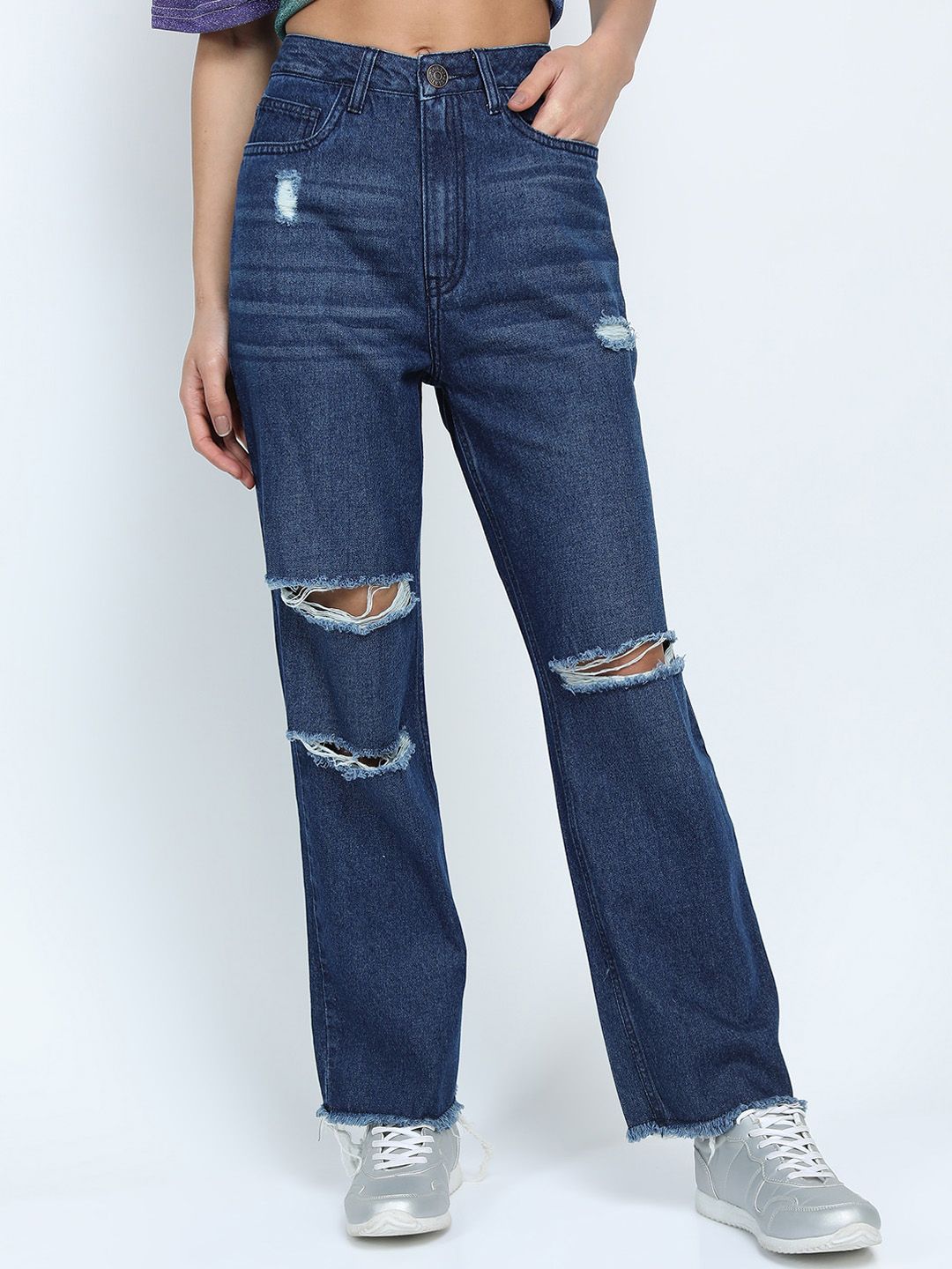 Tokyo Talkies Women Blue Straight Fit Mildly Distressed Jeans Price in India