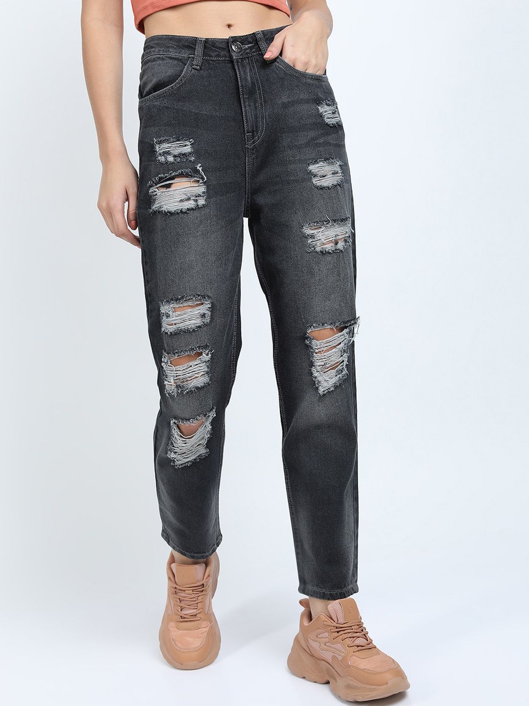 Tokyo Talkies Women Charcoal Grey Mom Fit Highly Distressed Light Fade Jeans Price in India