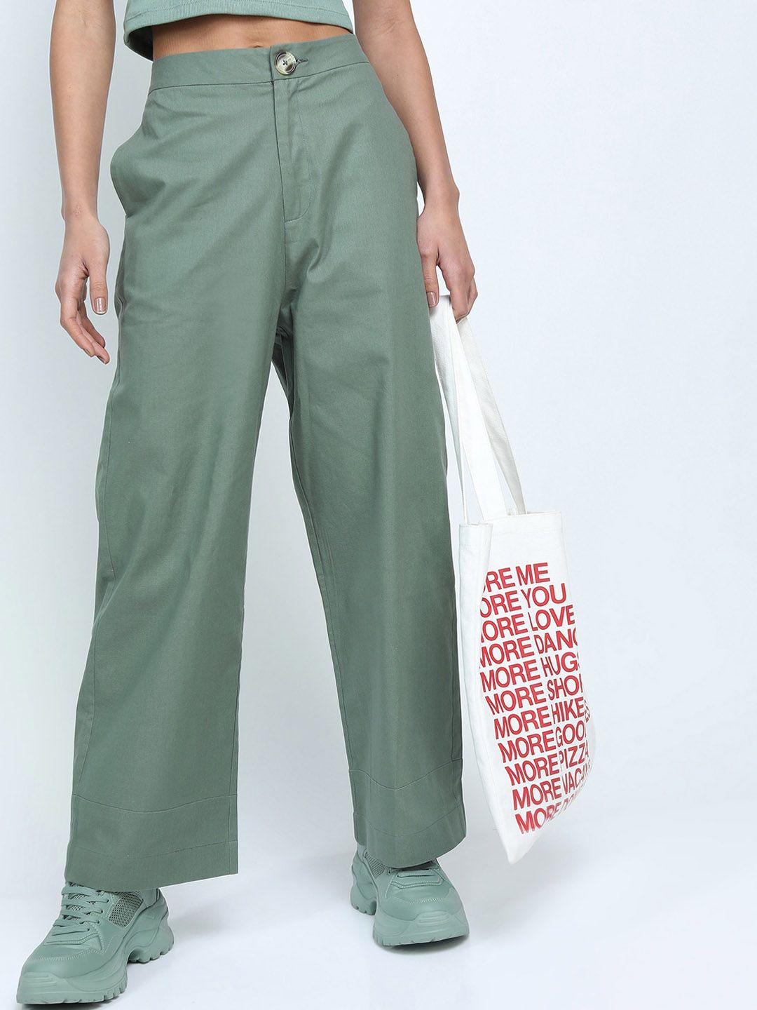 Tokyo Talkies Women Sage Green Solid Cotton Trousers Price in India