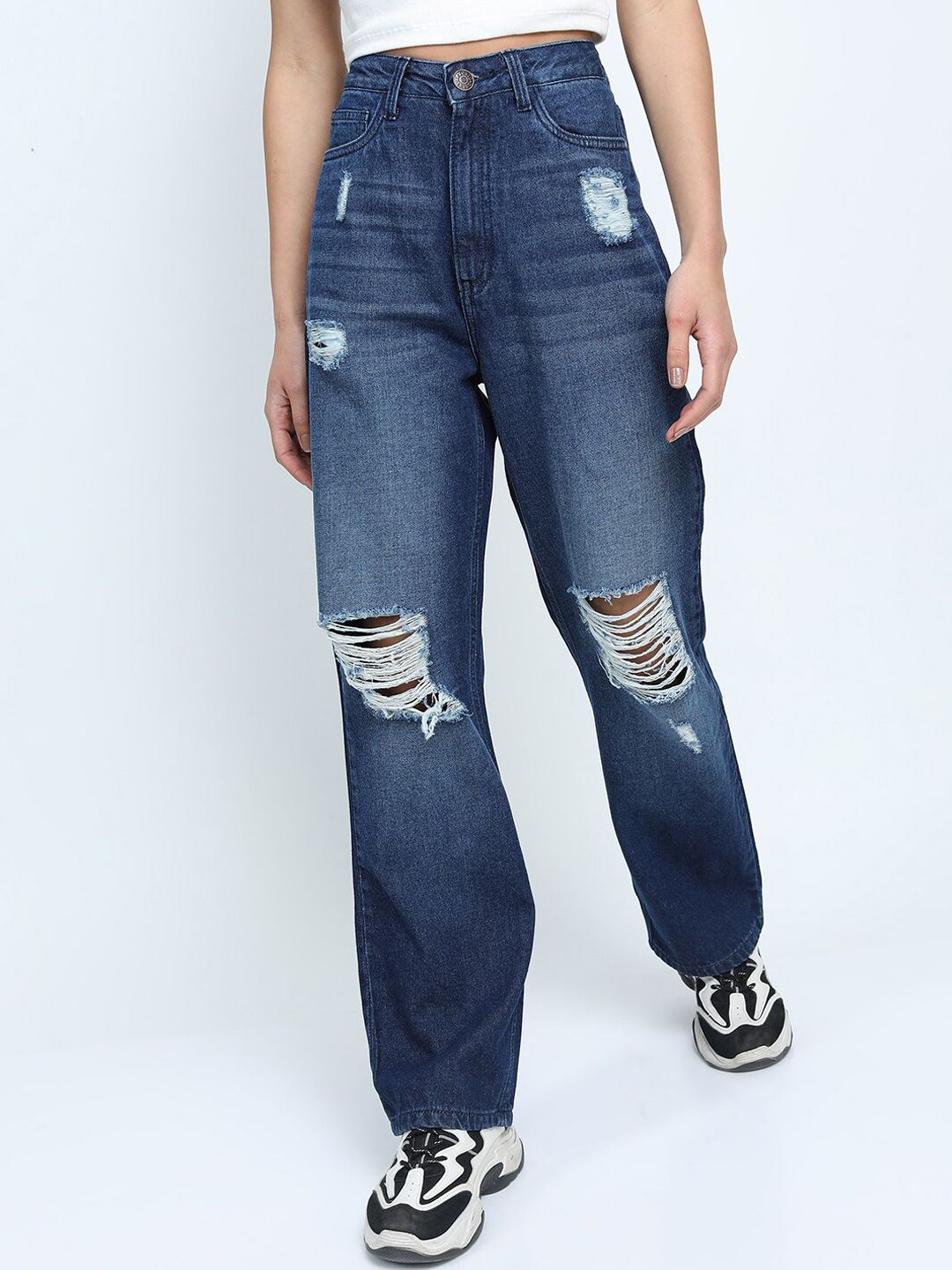 Tokyo Talkies Women Blue Straight Fit Highly Distressed Light Fade Jeans Price in India