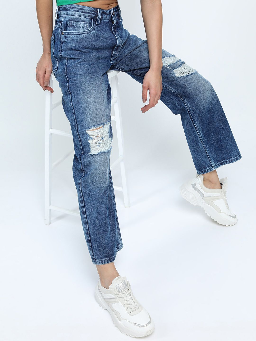 Tokyo Talkies Women Blue Straight Fit Highly Distressed Heavy Fade Jeans Price in India