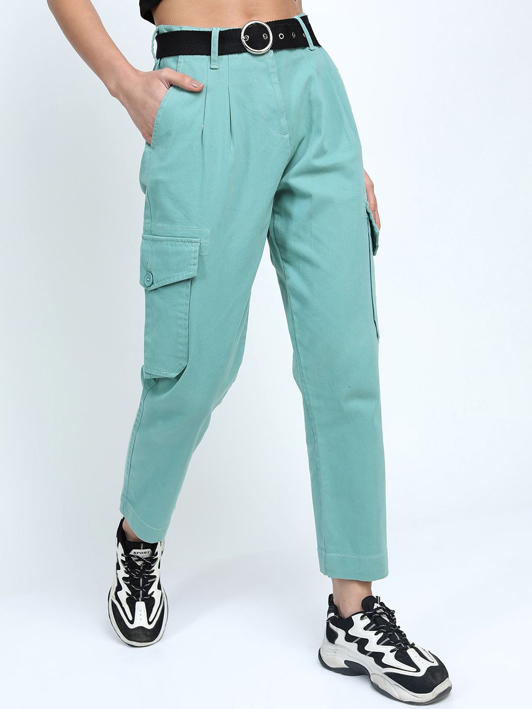 Tokyo Talkies Women Blue Tapered Fit Cargos Trousers Price in India
