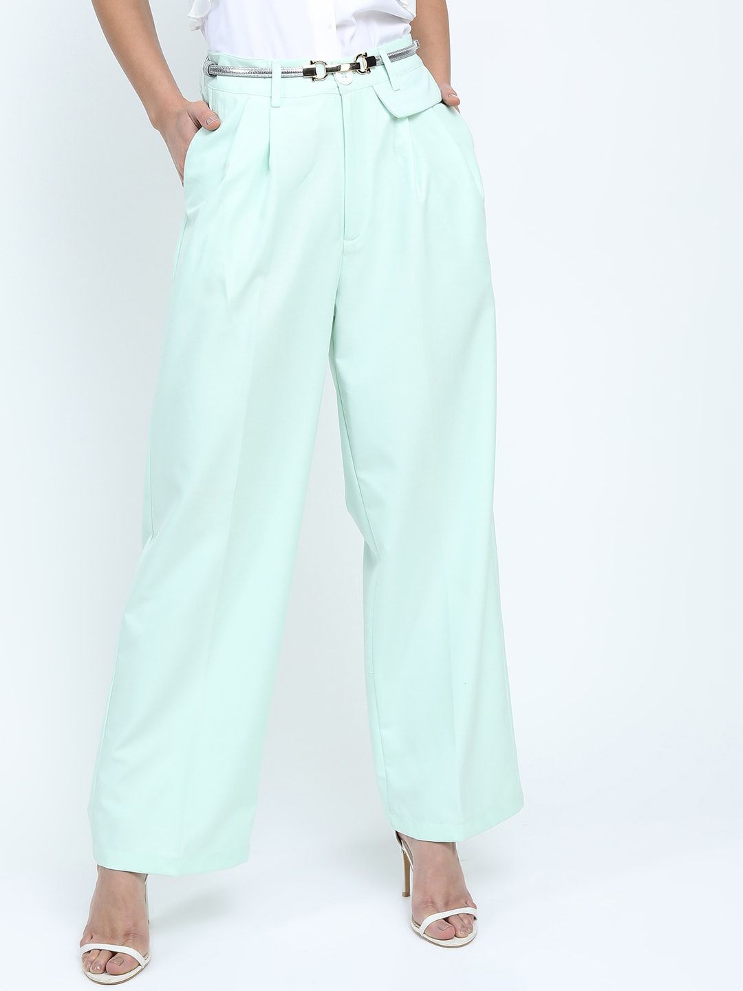 Tokyo Talkies Women Mint Green Pleated Parallel Trousers Price in India