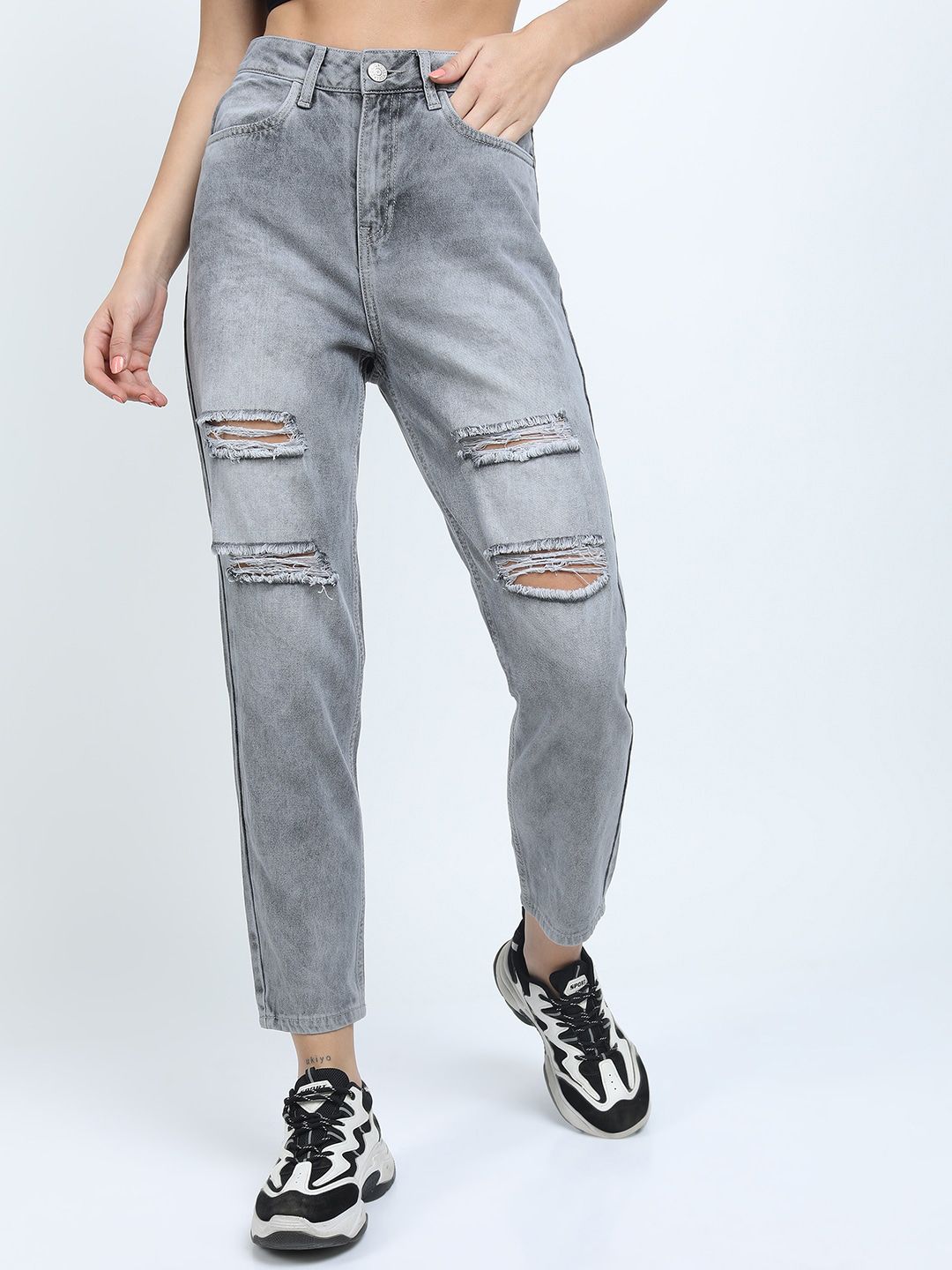 Tokyo Talkies Women Grey Highly Distressed Mom Fit Heavy Fade Cotton Jeans Price in India