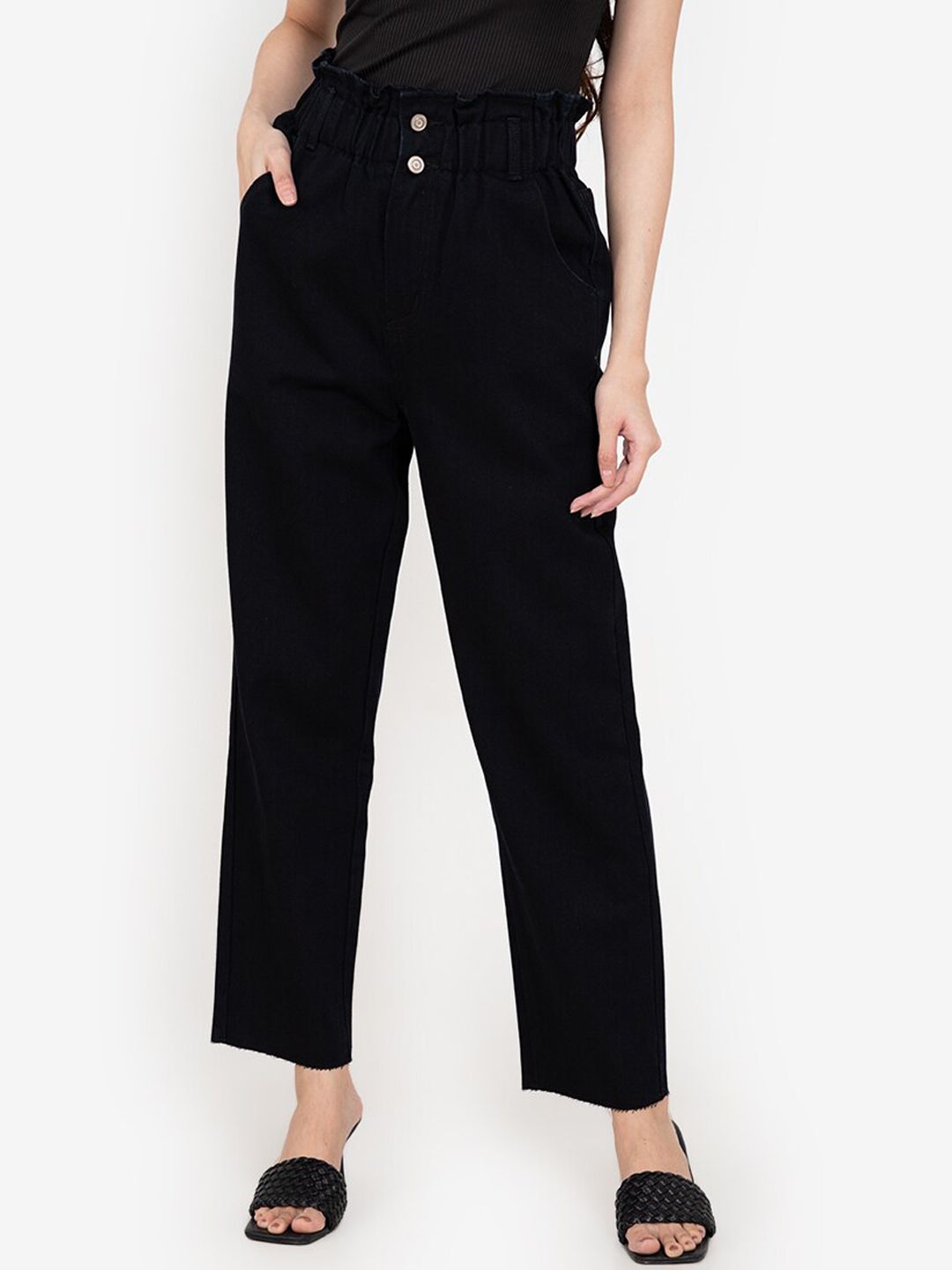 ZALORA BASICS Women Black Regular Fit Paper Bag Mom Jeans Price in India