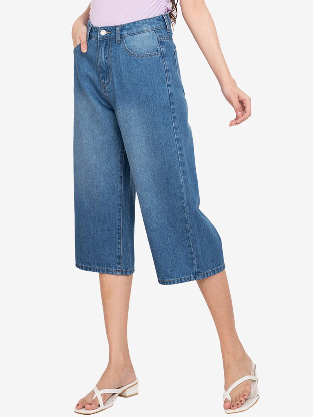 ZALORA BASICS Women Blue Relaxed Fit High-Rise Heavy Fade Cropped Culottes Jeans Price in India