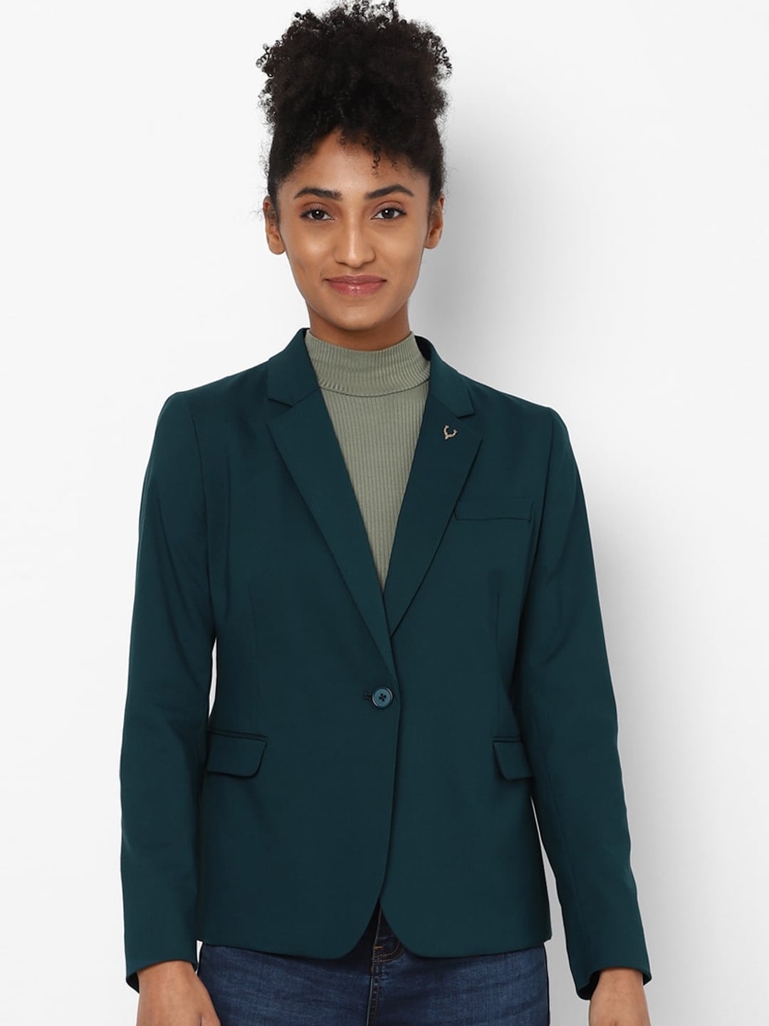 Allen Solly Woman Green Solid Single-Breasted Casual Blazer Price in India