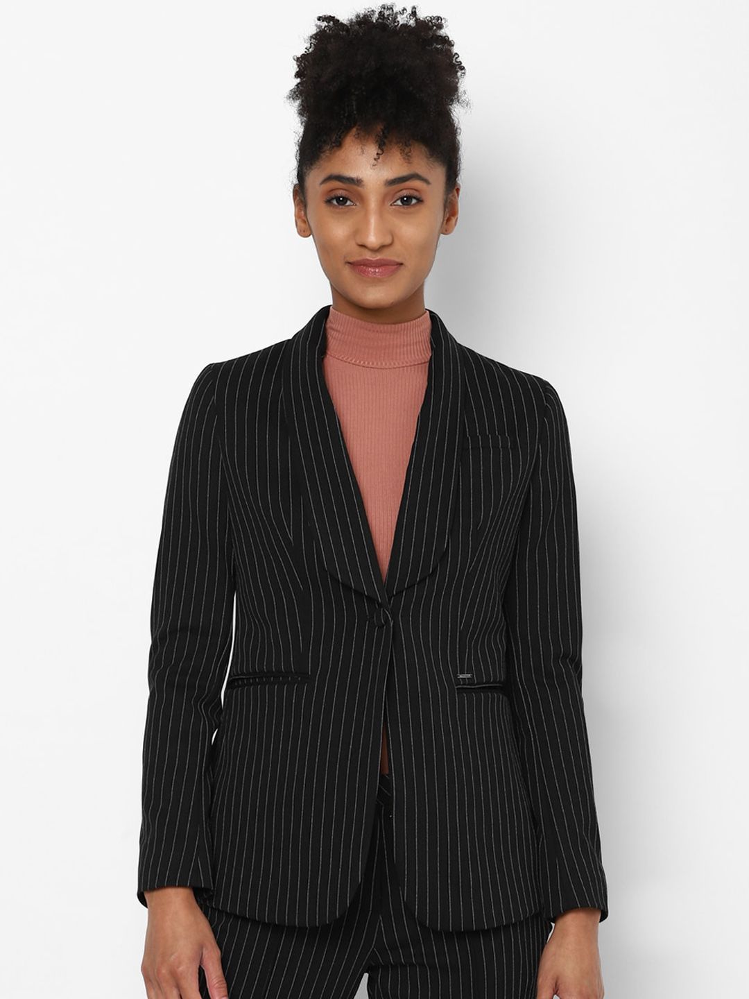 Allen Solly Woman Women Black Regular Fit Striped Single-Breasted Blazers Price in India