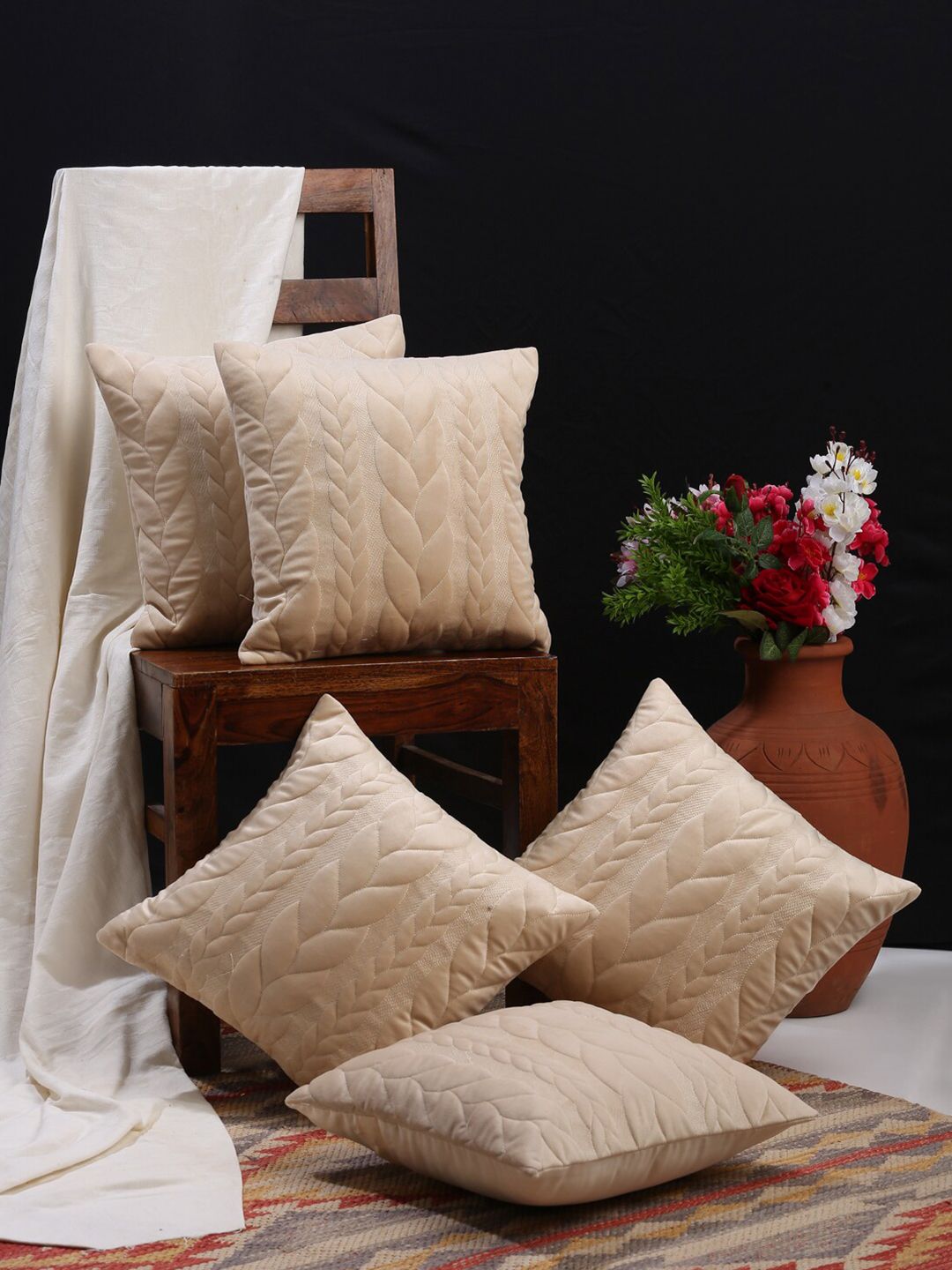 HOSTA HOMES Cream-Coloured Set of 5 Ethnic Motifs Velvet Square Cushion Covers Price in India
