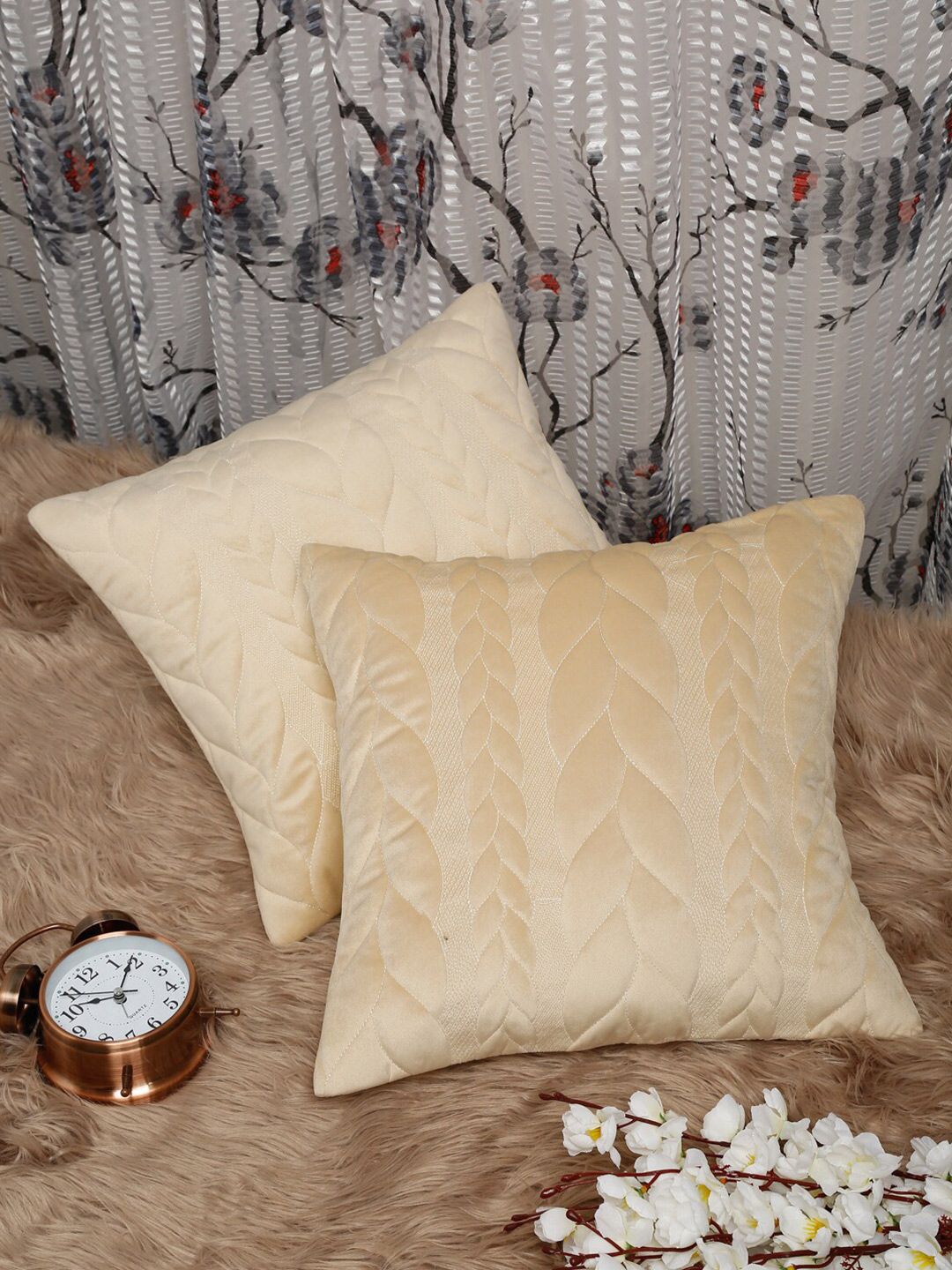 HOSTA HOMES Cream-Coloured Set of 2 Geometric Velvet Square Cushion Covers Price in India