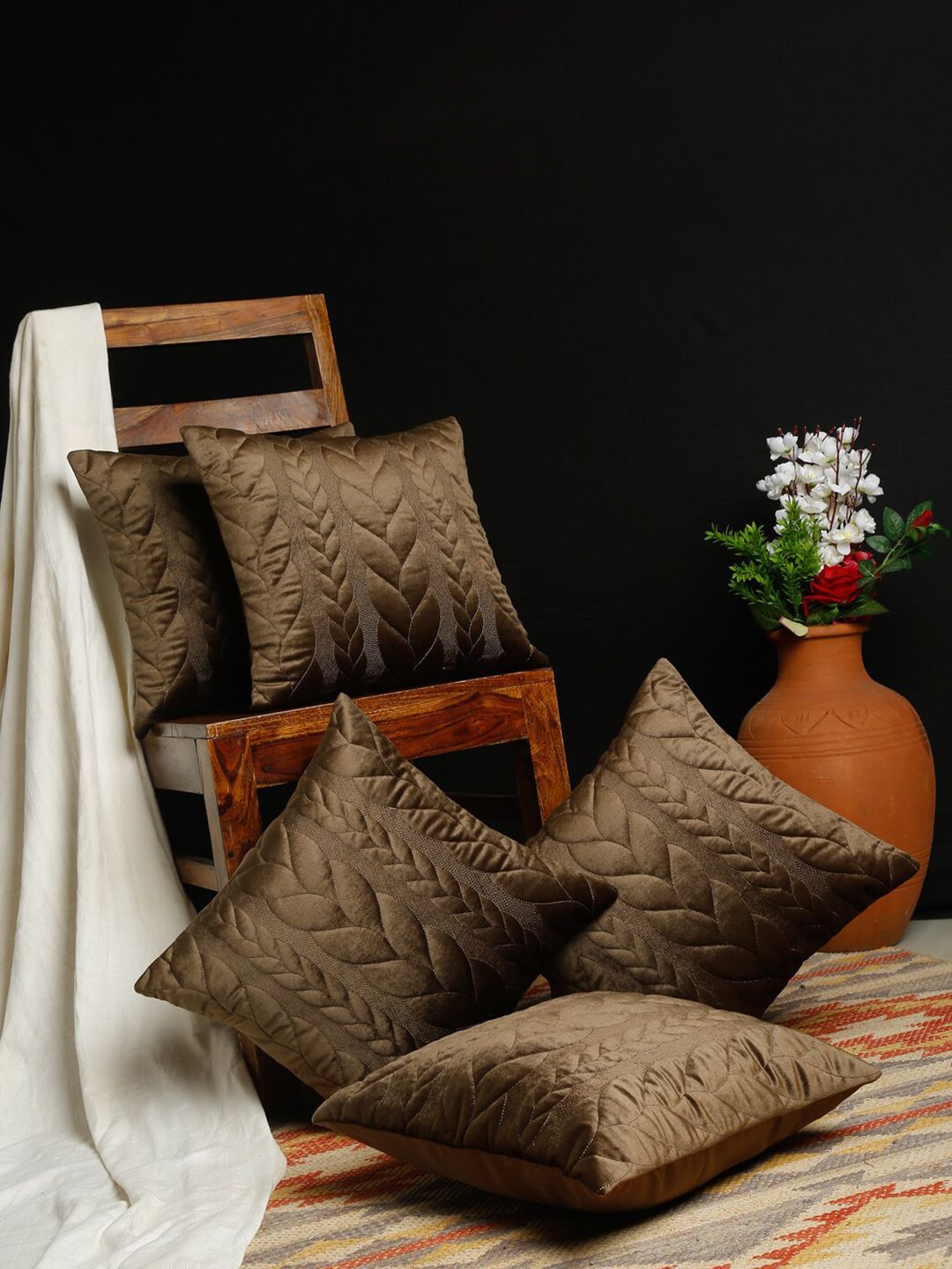 HOSTA HOMES Brown Set of 5 Floral Velvet Square Cushion Covers Price in India