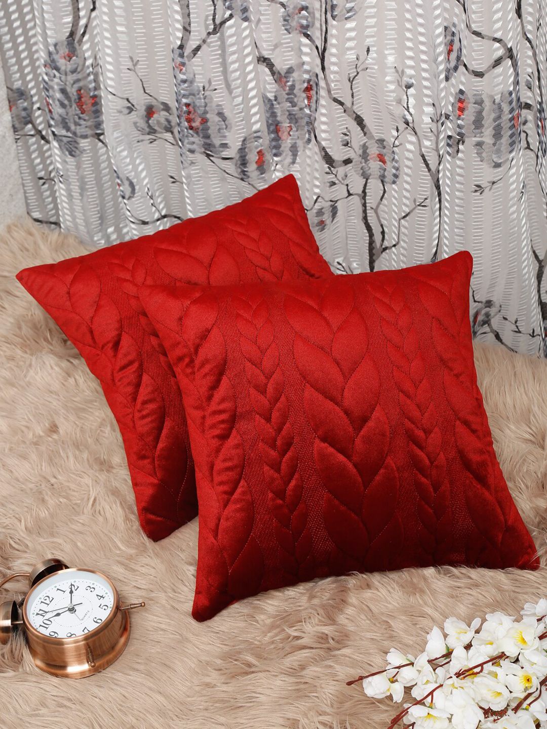 HOSTA HOMES Red Set of 2 Floral Velvet Square Cushion Covers Price in India