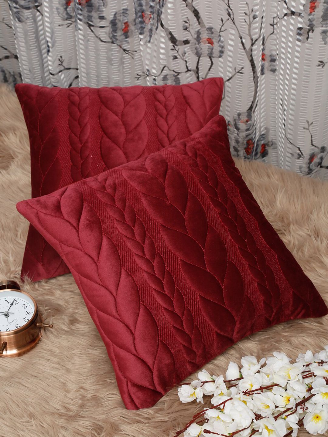 HOSTA HOMES Maroon Set of 2 Ethnic Motifs Velvet Square Cushion Covers Price in India