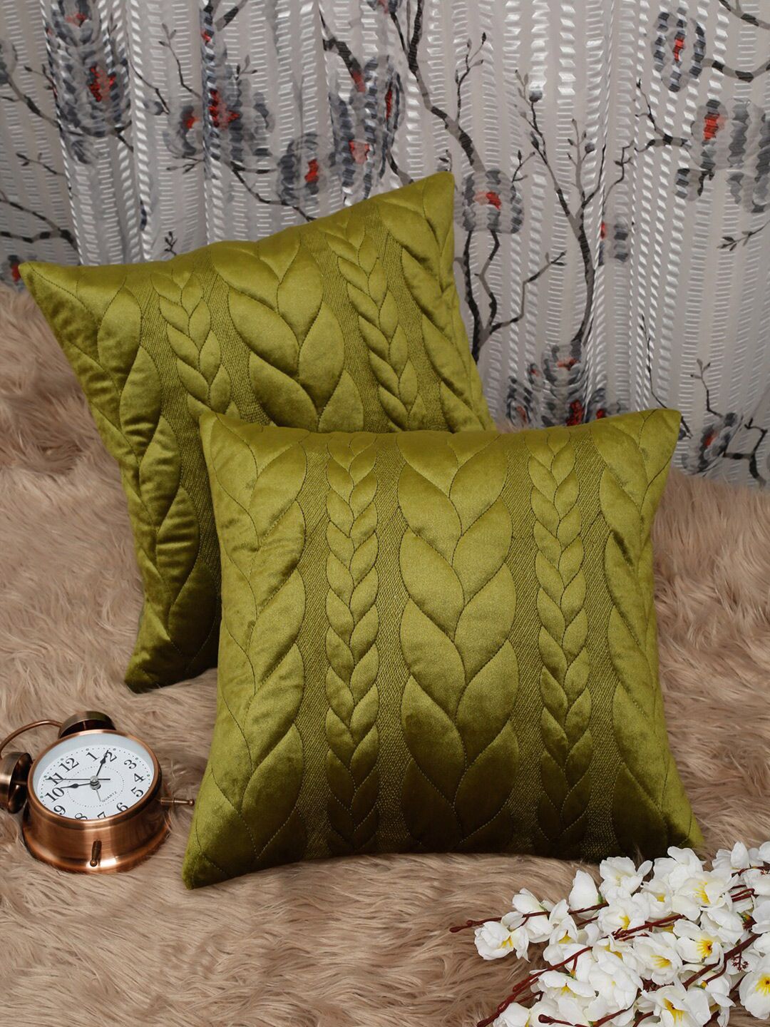 HOSTA HOMES Green Set of 2 Geometric Velvet Square Cushion Covers Price in India
