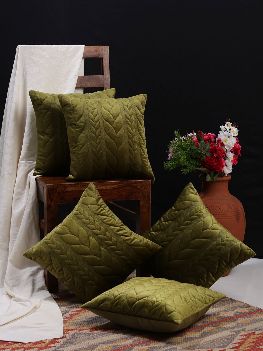 HOSTA HOMES Green Set of 5 Geometric Velvet Square Cushion Covers Price in India