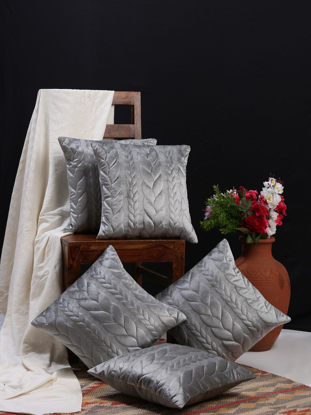 HOSTA HOMES Grey Set of 5 Geometric Velvet Square Cushion Covers Price in India