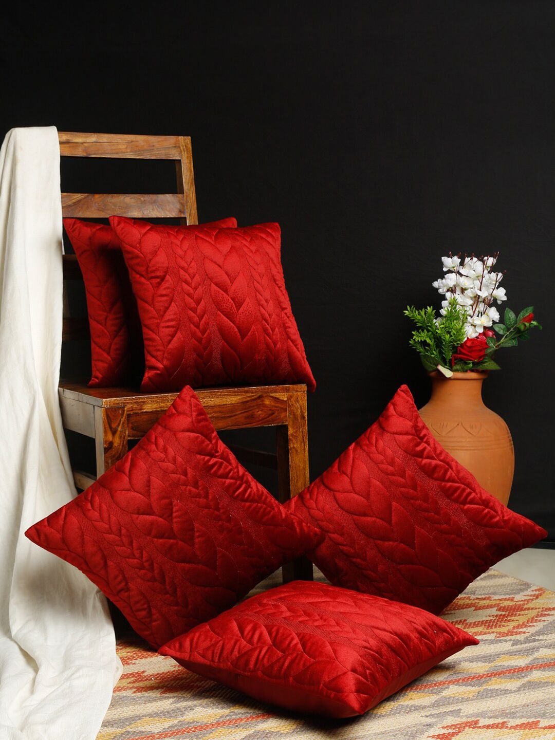 HOSTA HOMES Red Set of 5 Ethnic Motifs Velvet Square Cushion Covers Price in India