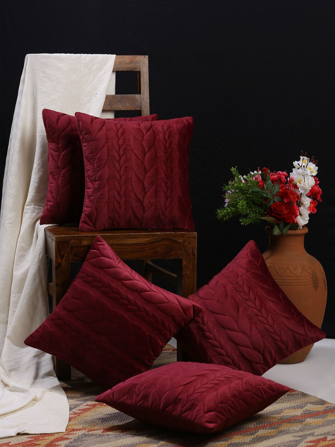 HOSTA HOMES Maroon Set of 5 Geometric Velvet Square Cushion Covers Price in India