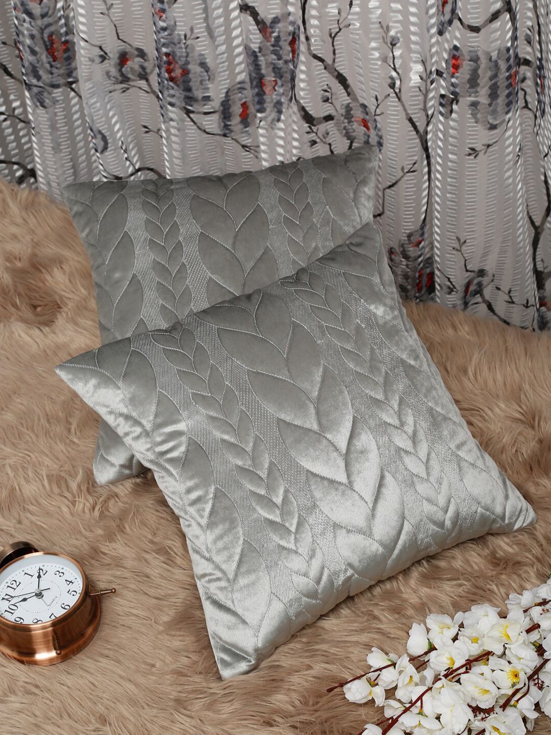 HOSTA HOMES Grey Set of 2 Ethnic Motifs Velvet Square Cushion Covers Price in India