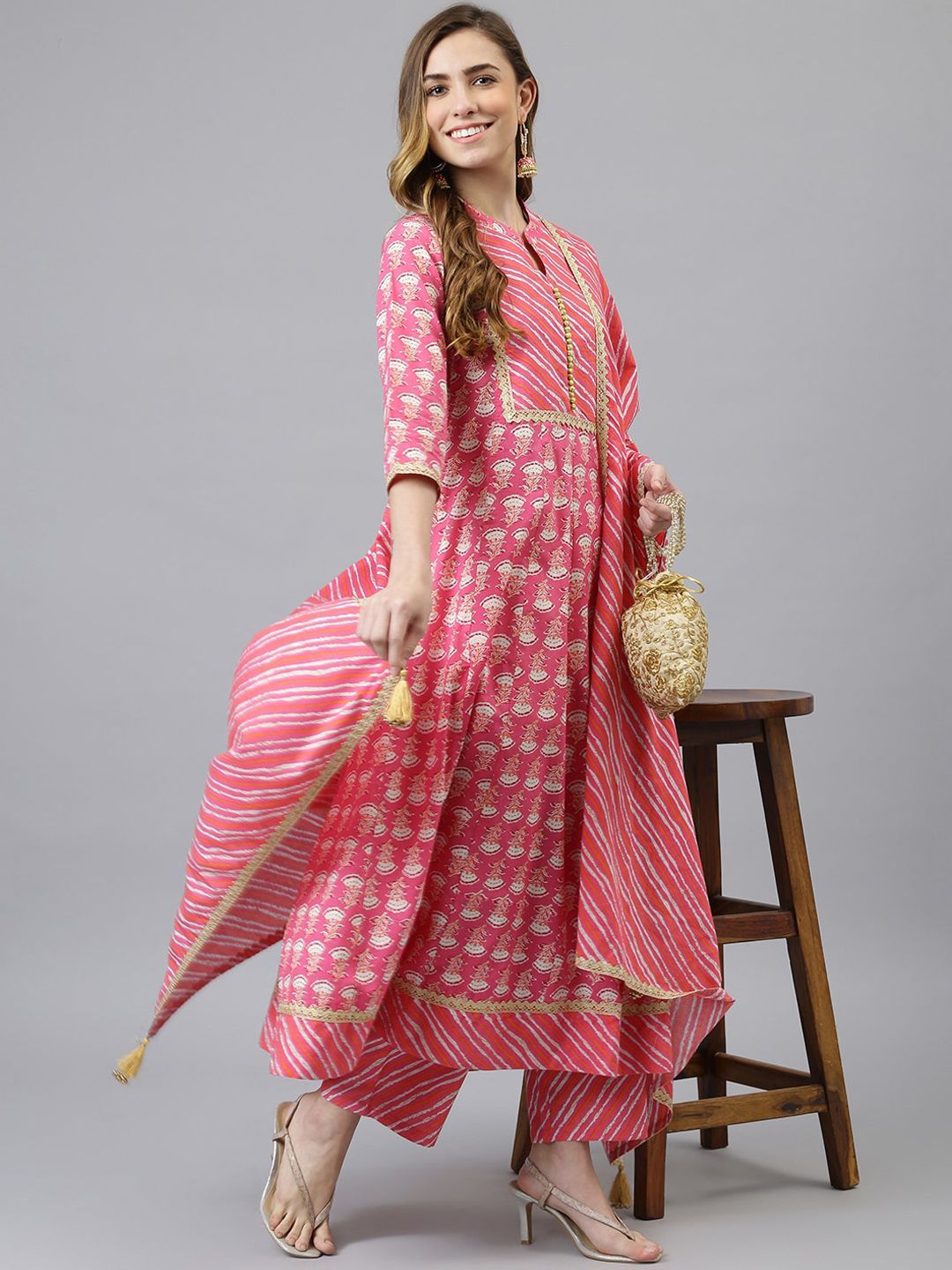 Khushal K Women Pink & White Ethnic Motifs Printed Kurta with Palazzos & With Dupatta Price in India