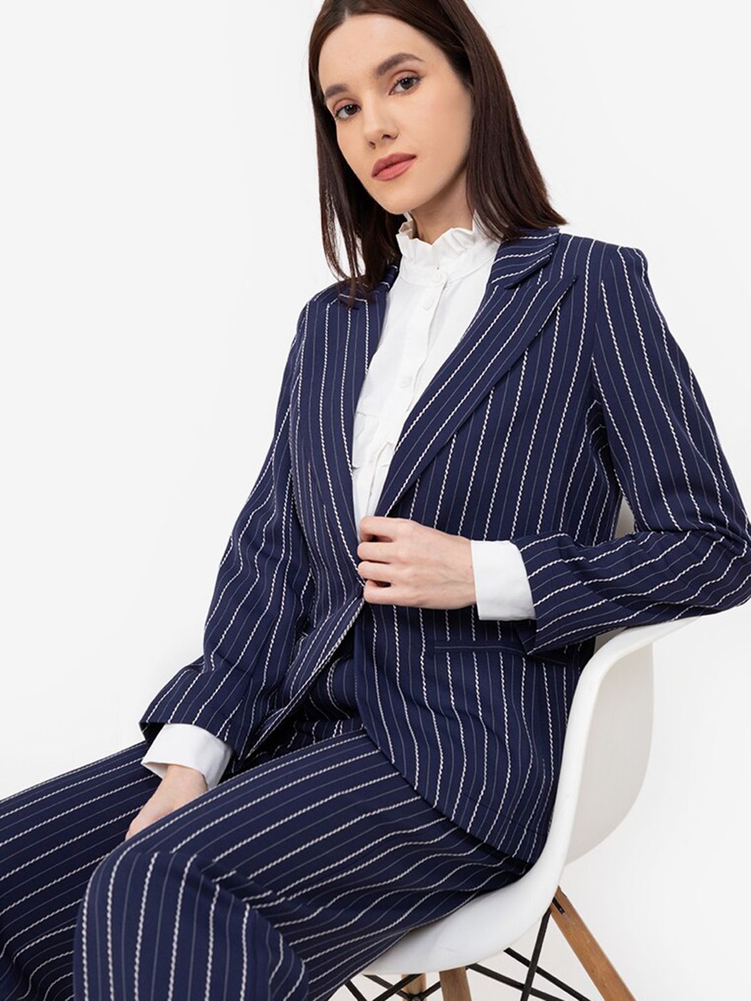 ZALORA WORK Women Navy Blue & White Striped Regular Fit Single-Breasted Blazer Price in India