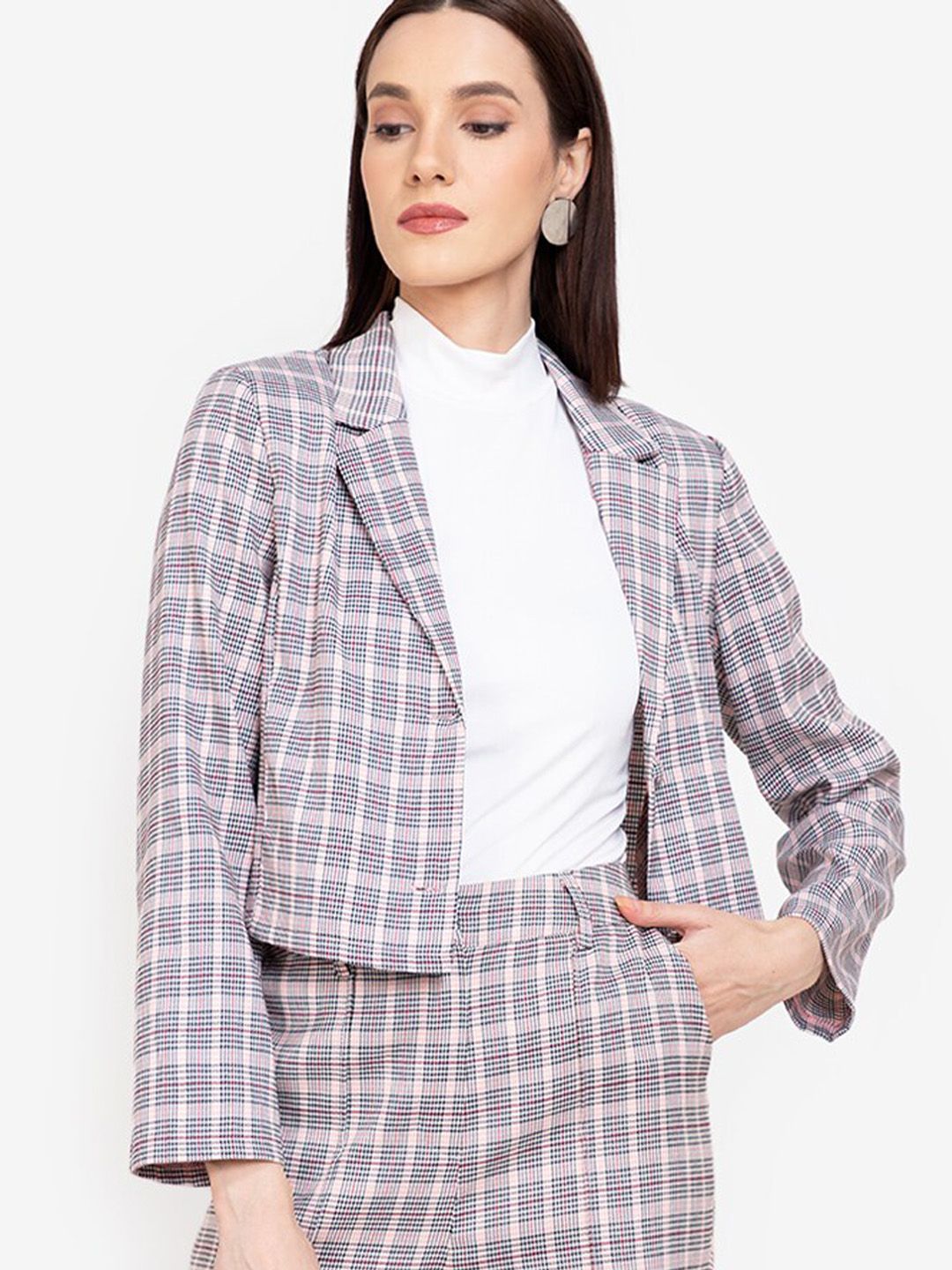 ZALORA WORK Women Multicoloured Printed Regular Fit Single-Breasted Cropped Blazer Price in India