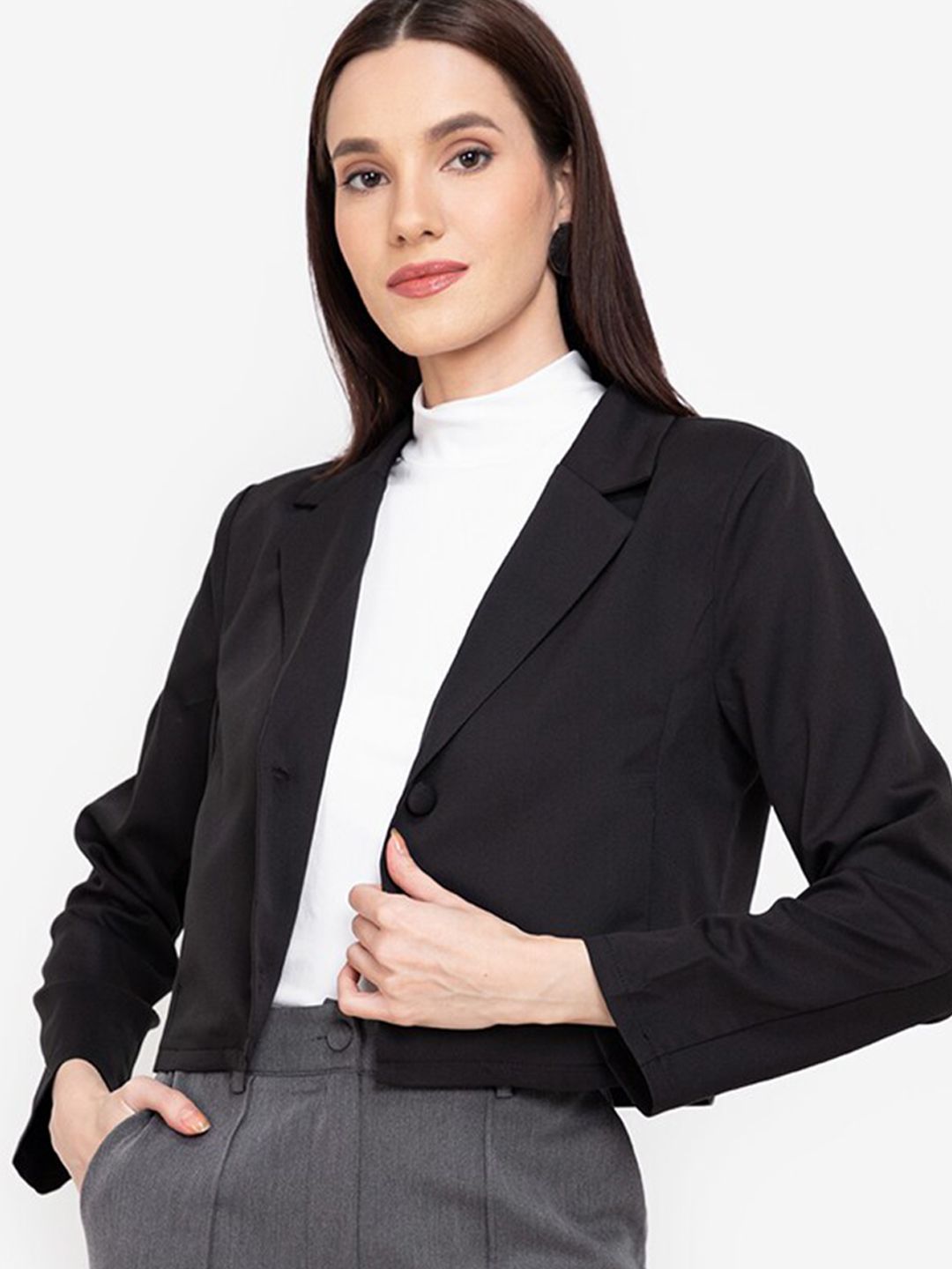 ZALORA WORK Women Black Crop Single-Breasted Blazer Price in India