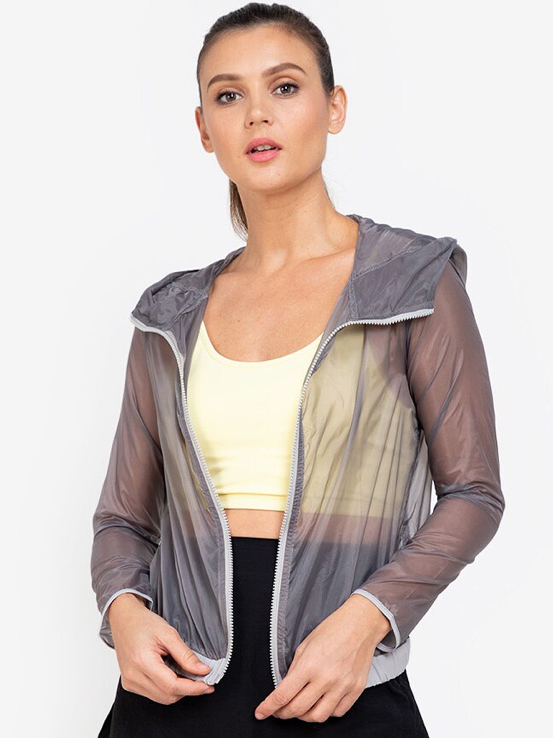 ZALORA ACTIVE Women Grey Windcheater Hooded Tailored Jacket Price in India