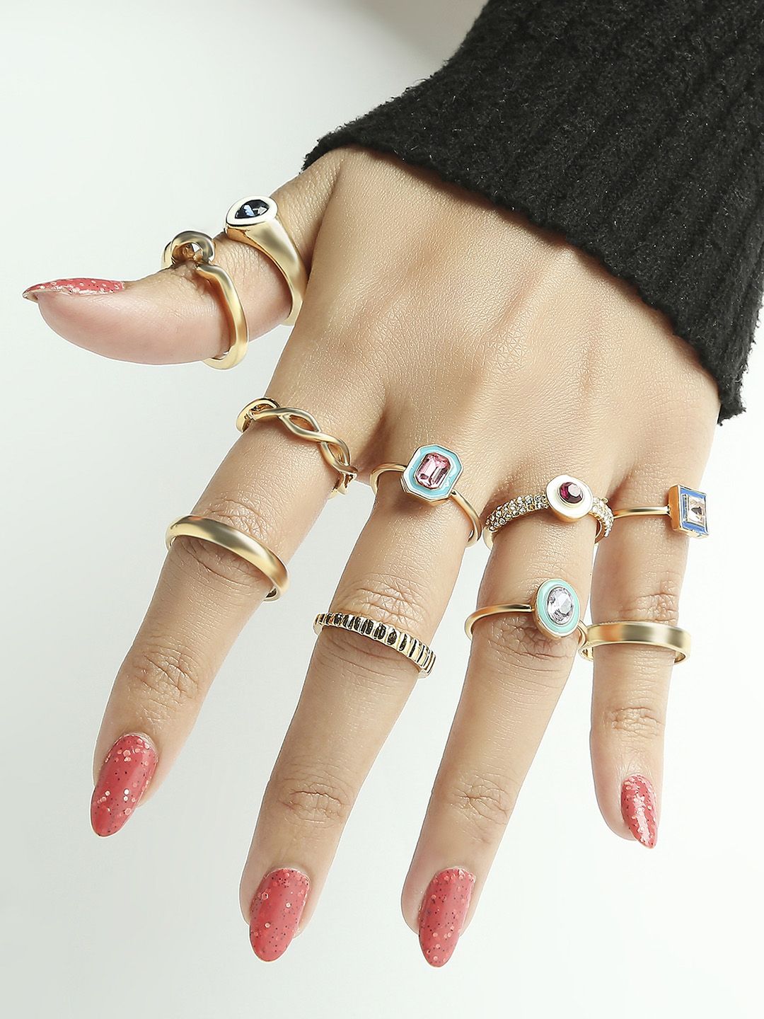 Lilly & sparkle Set Of 10 Gold-Plated & Stone-Studded Finger Rings Price in India