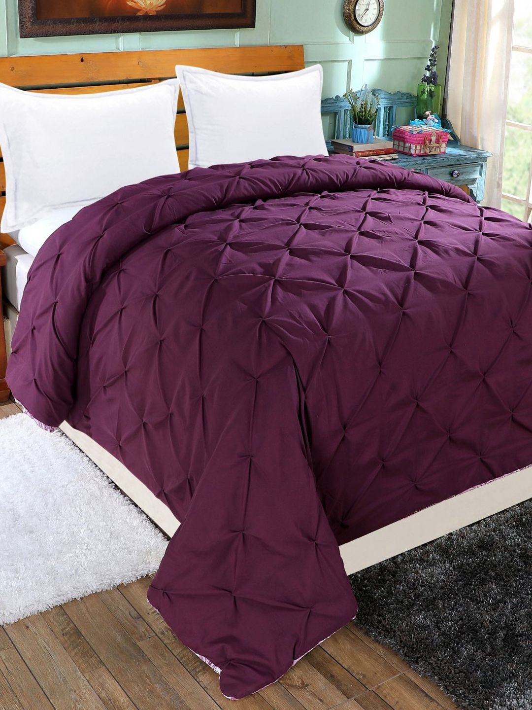 A Homes Grace Purple &White Ethnic Motifs Microfiber 120GSM DoubleBed Reversible Comforter Price in India