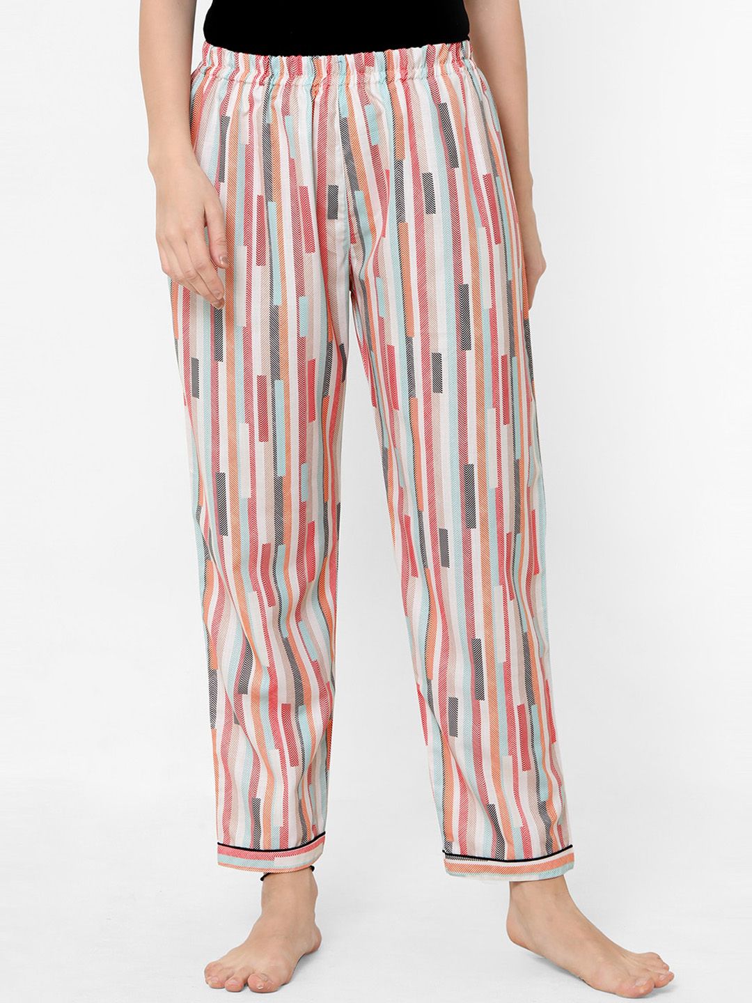 NOIRA Women Pink & Blue Striped Cotton Lounge Pant Price in India