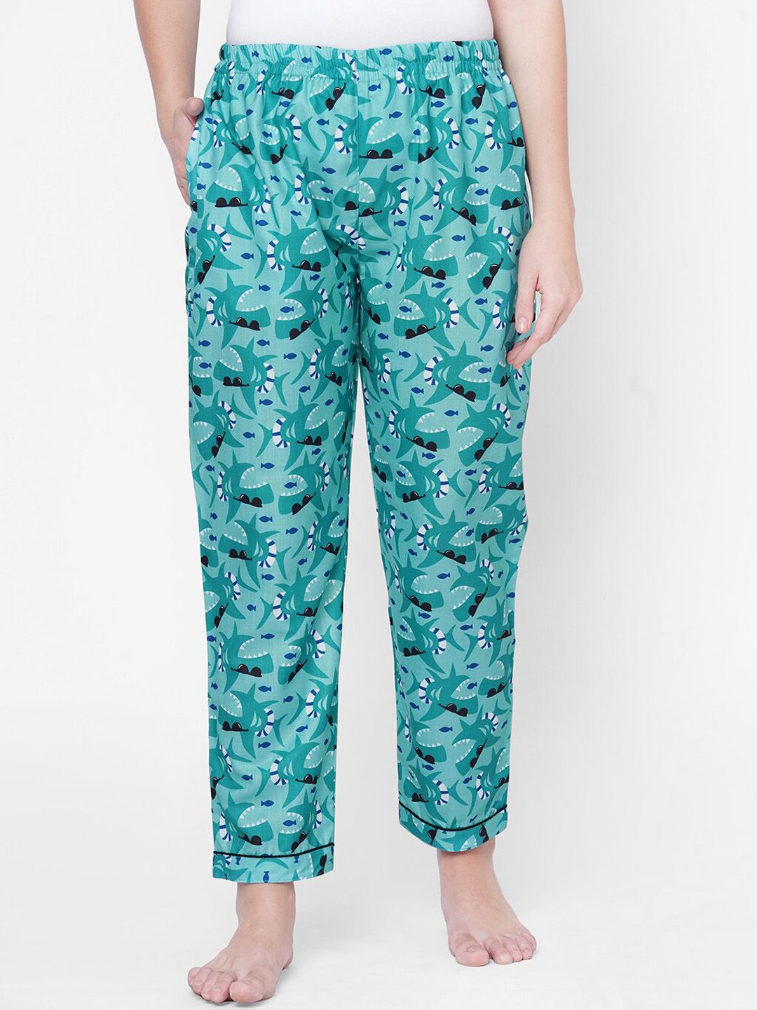 NOIRA Women Green Shark Printed Lounge Pants Price in India