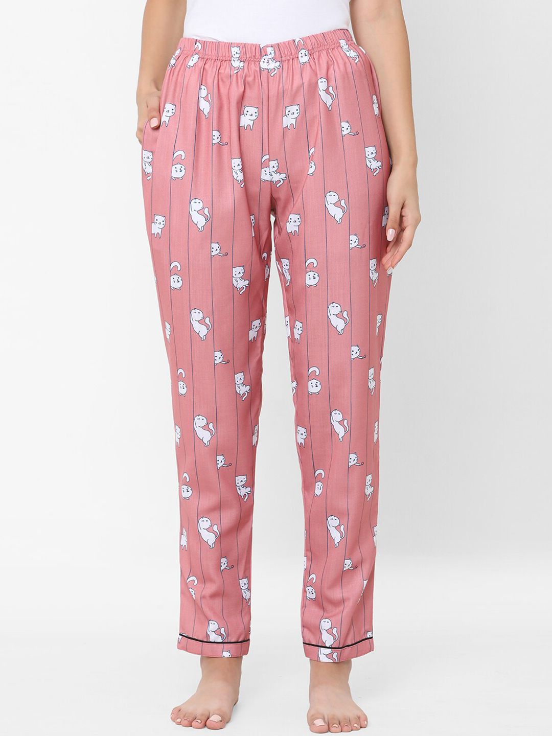 NOIRA Women Pink & White Cat Printed Lounge Pants Price in India