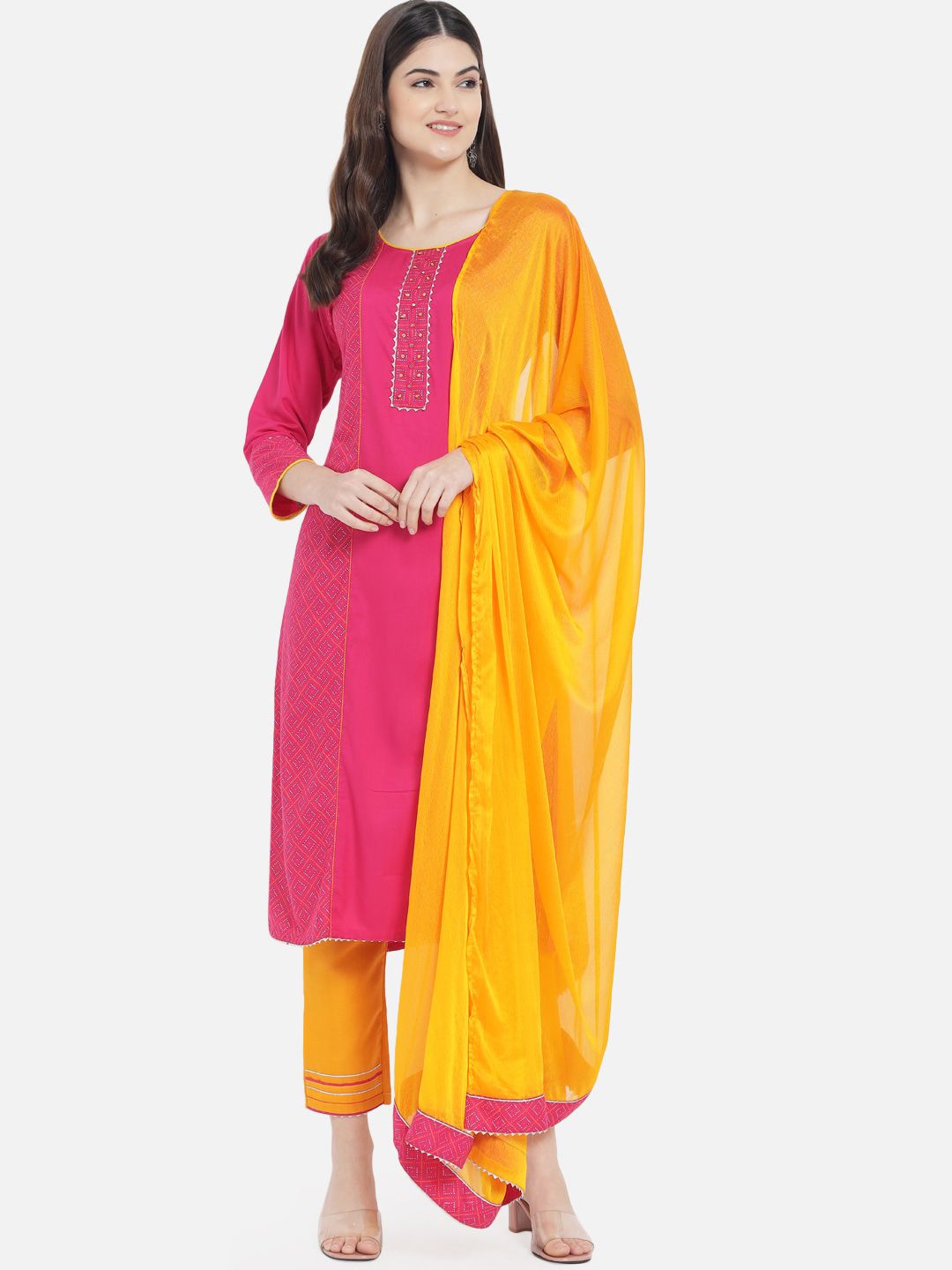 Kiana Women Pink Embroidered Kurta with Trousers & Dupatta Price in India