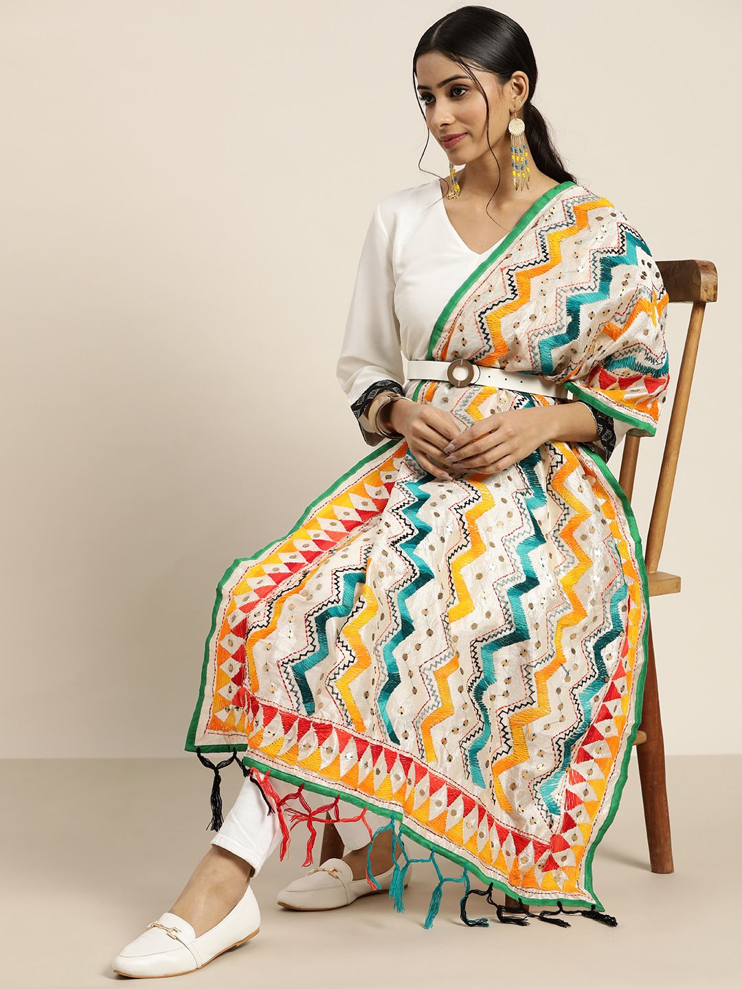 Sangria White & Green Phulkari Embroidered Dupatta