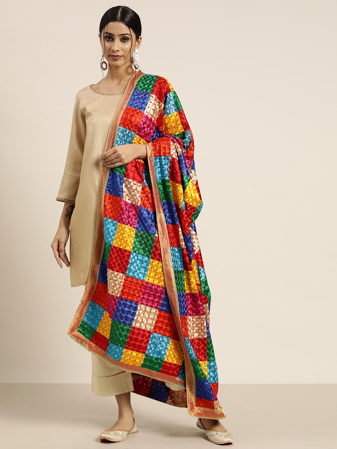 Sangria Multicoloured Phulkari Embroidered Dupatta Price in India