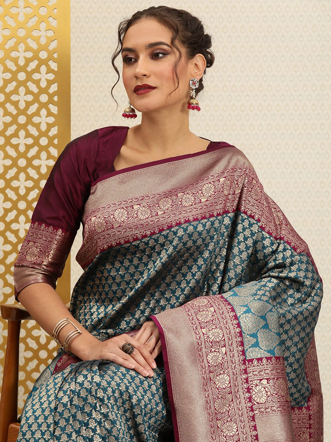 House of Pataudi Teal Blue & Golden Ethnic Motifs Zari Jashn Banarasi Saree