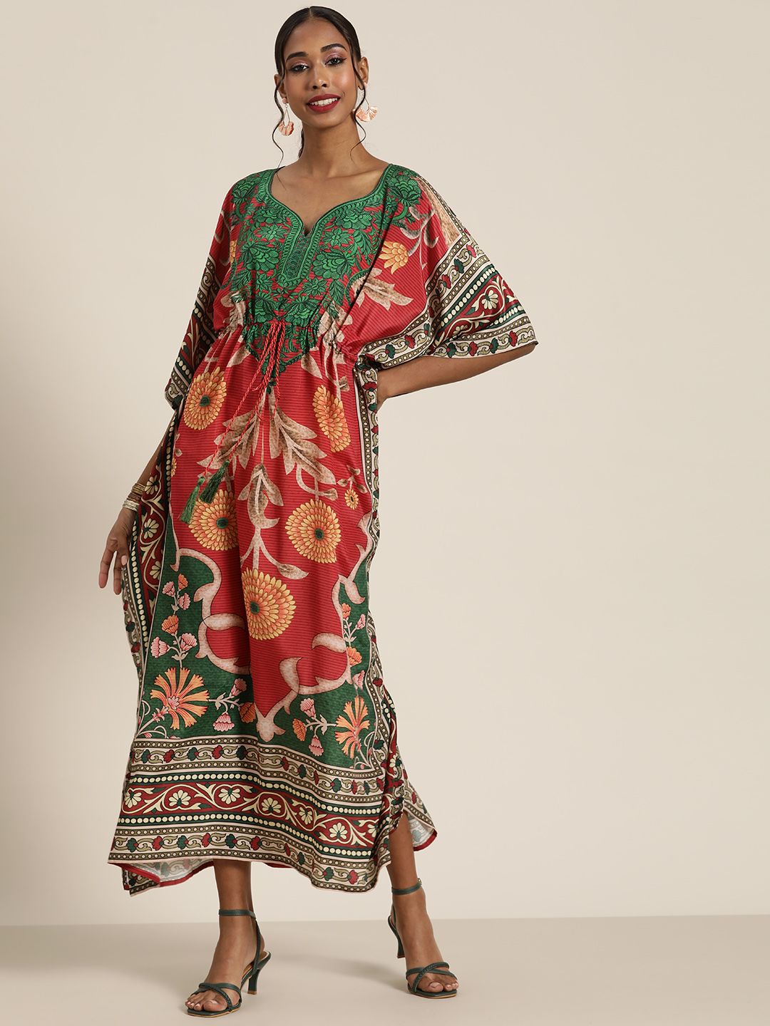 Shae by SASSAFRAS Red & Green Floral Ethnic Maxi Midi Dress Price in India