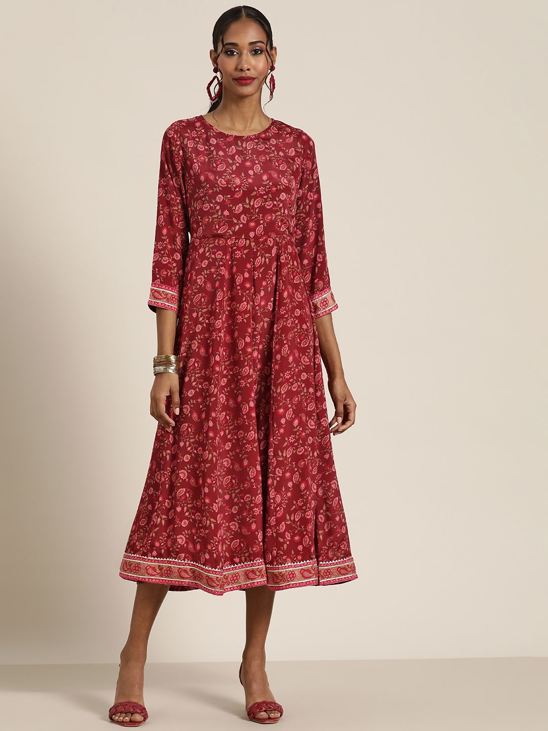 Shae by SASSAFRAS Maroon & Peach-Coloured Floral Ethnic A-Line Midi Dress Price in India