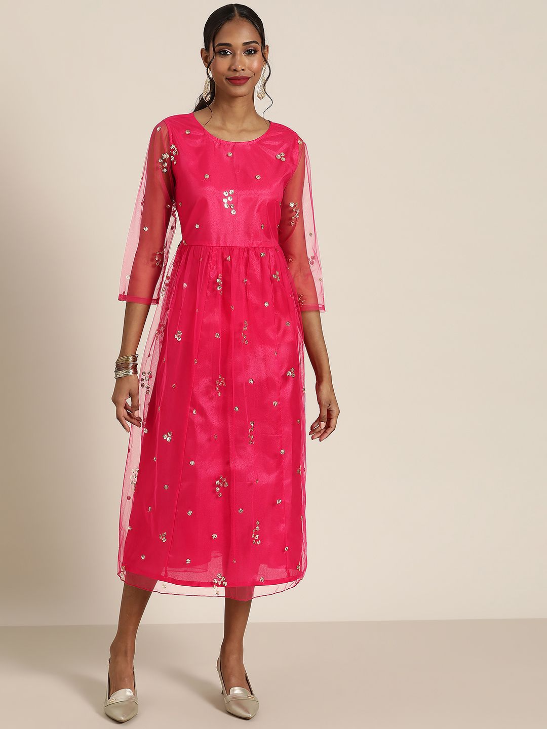 Shae by SASSAFRAS Fuchsia & Gold-Toned Ethnic A-Line Midi Dress Price in India