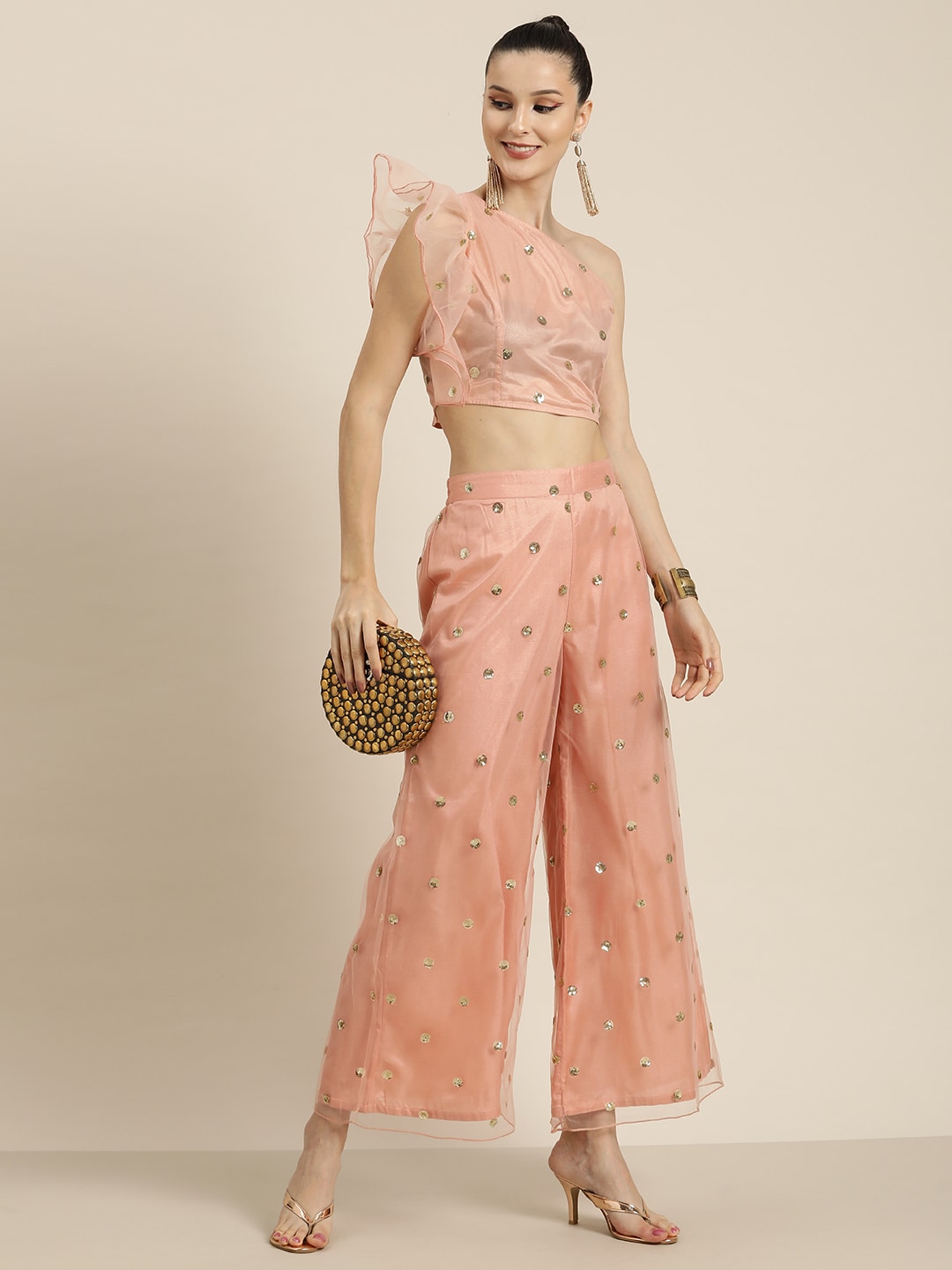 Shae by SASSAFRAS Women Peach-Coloured Embellished Ethnic Palazzos Price in India