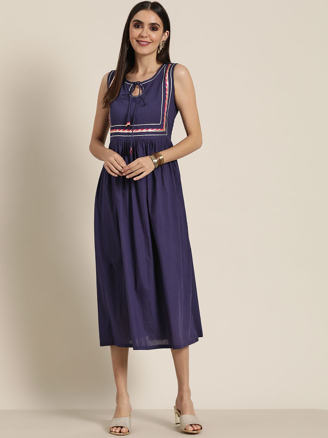 Shae by SASSAFRAS Navy Blue Tie-Up Neck Ethnic A-Line Midi Dress Price in India