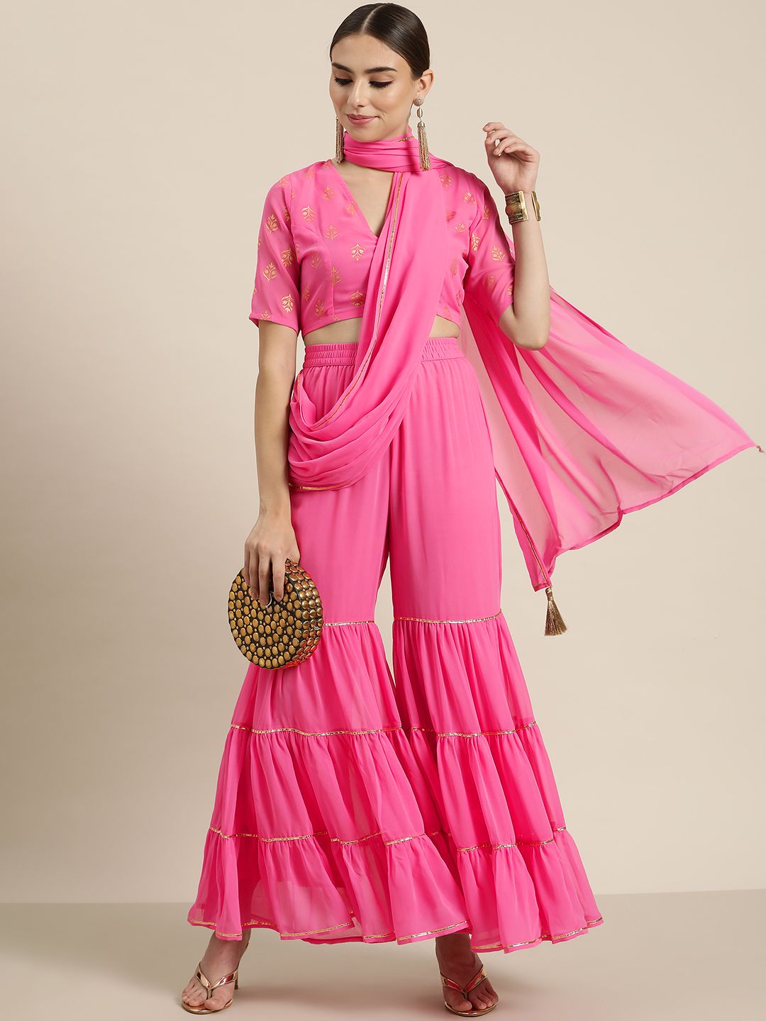 Shae by SASSAFRAS Women Pink Flared Ethnic Palazzos with Attached Pallu Price in India