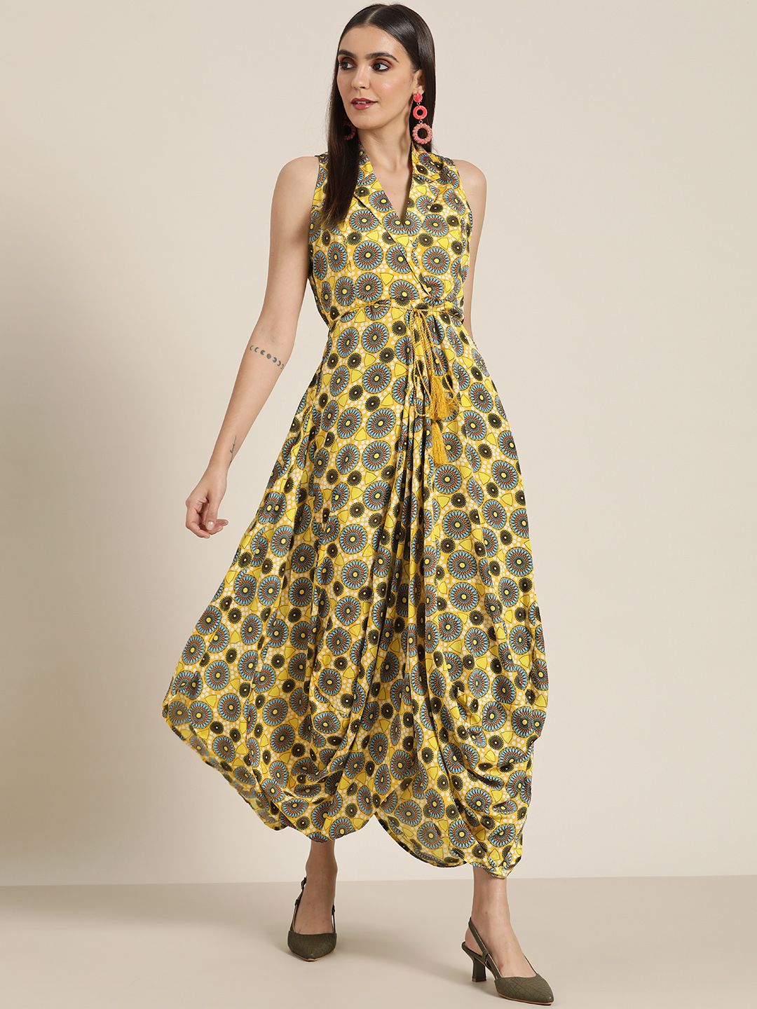 Shae by SASSAFRAS Yellow & Black Ethnic Motifs A-Line Midi Dress Price in India