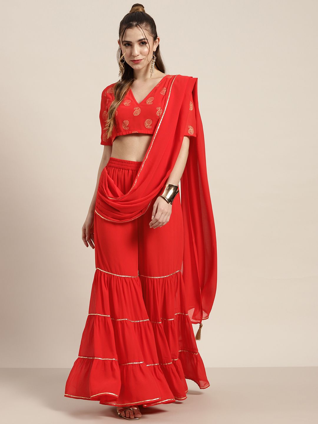 Shae by SASSAFRAS Women Red Flared Ethnic Palazzos with Attached Pallu Price in India