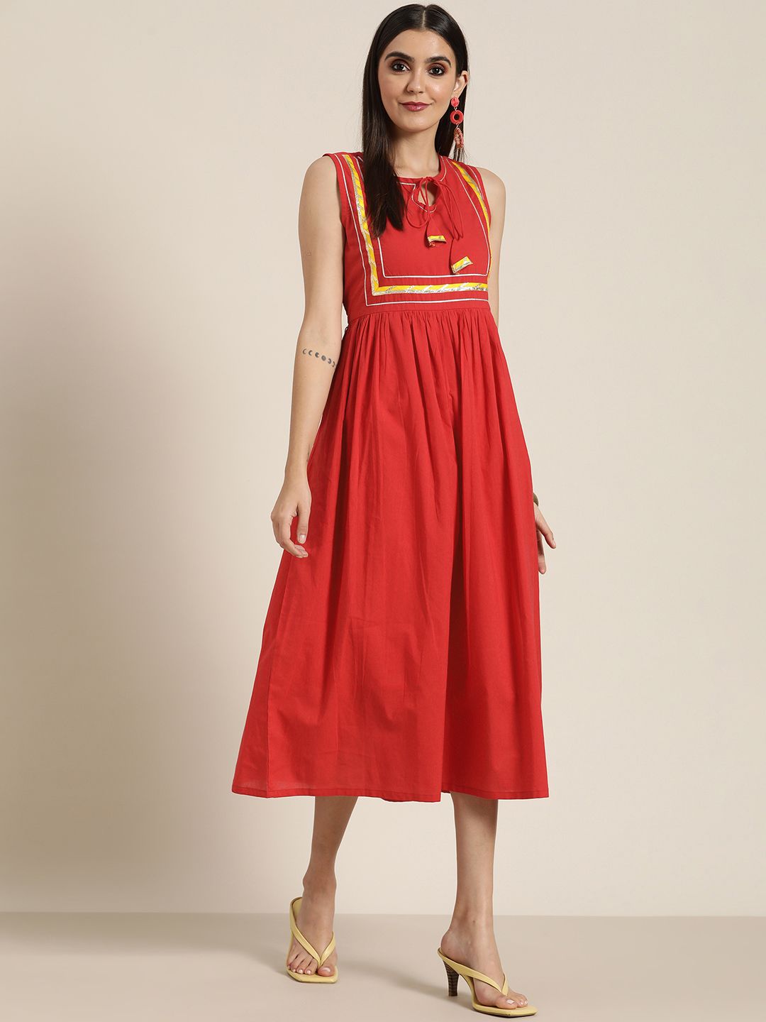 Shae by SASSAFRAS Red Ethnic A-Line Midi Dress Price in India