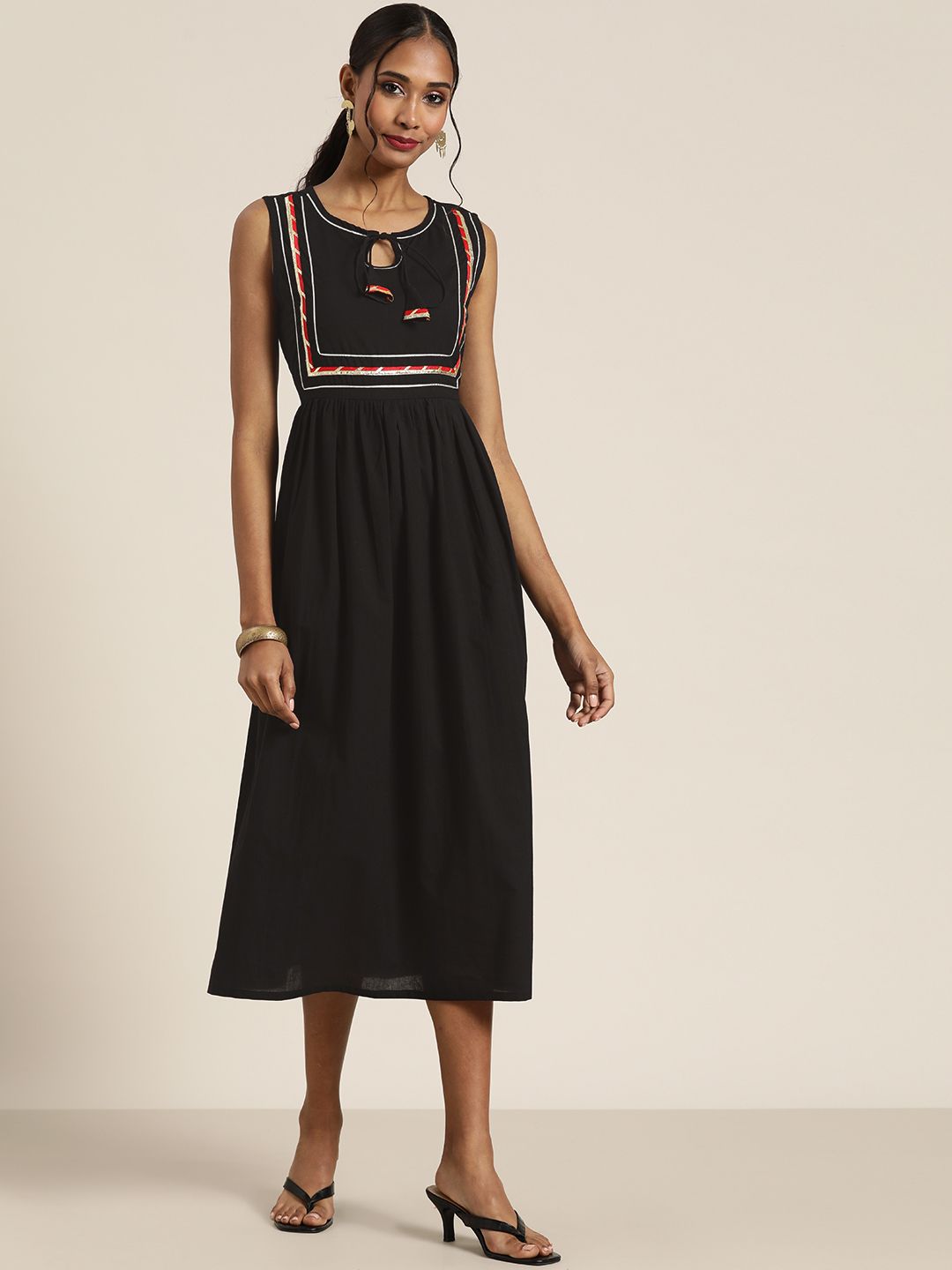 Shae by SASSAFRAS Black Tie-Up Neck Ethnic A-Line Midi Dress Price in India